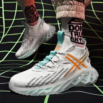 Men's fashion running shoes PrimeCanada.Store, breathable white sneakers with teal laces and orange accents (2 shown)