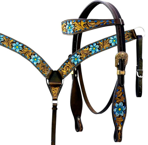 Conjunto occidental de pechera y cabezada de cuero repujado a mano para caballo