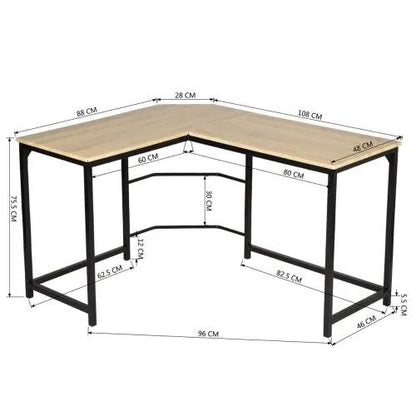 PrimeCanada.Store L-shaped desk with wood tabletop and black metal frame, PC workstation.