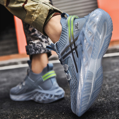 Men fashion running shoes PrimeCanada.Store blue-gray breathable sneakers with neon-green accents, pair shown