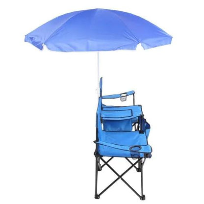 Portable outdoor 2-seat folding chair with removable sun umbrella in blue.