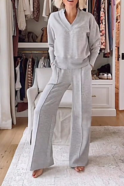 Ensemble deux pièces col en V manches longues haut ample pantalon large
