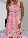 Sleeveless Straight-cut Loose-fitting Digital-print Slip Dress