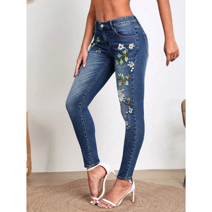 Jean skinny polyvalent brodé de fleurs pour femme