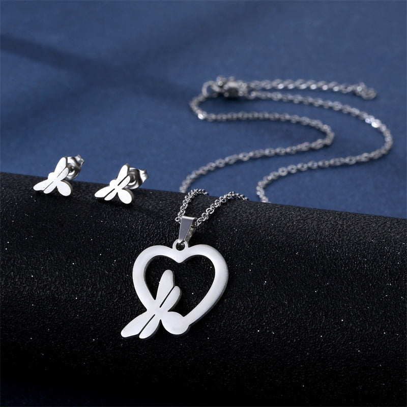 Stainless Steel Necklace Ear Stud Combination Suit