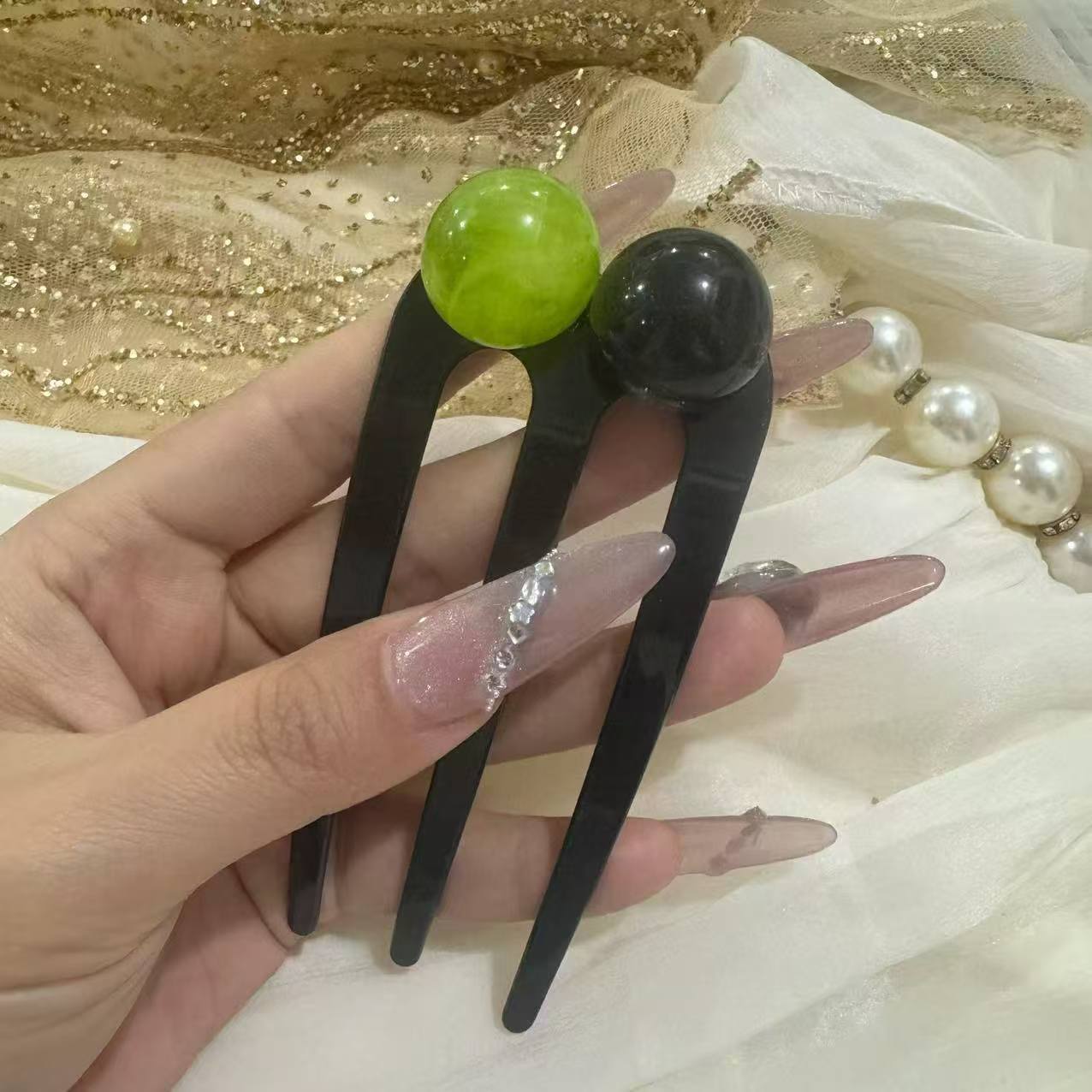 Horquilla de tres dientes con cuentas sencilla, elegante y combinable para mujer
