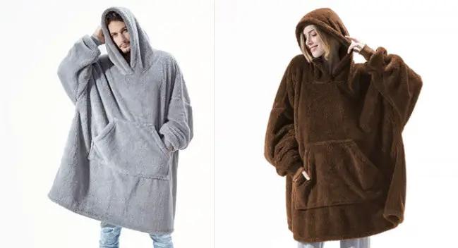 Two AdTec oversized hoodie sweatshirts in grey and brown with large front pocket and thick double-sided fleece