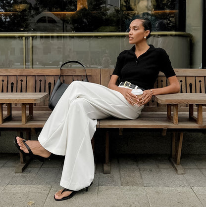 Pantalon blanc taille haute, coupe ample et décontractée