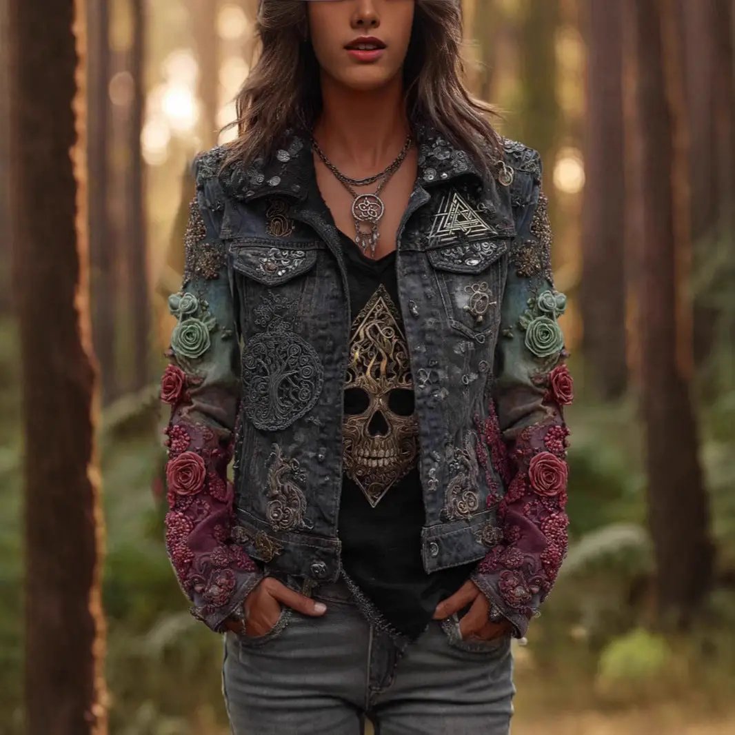 Autumn Retro Washed Long-Sleeve Denim Jacket by AdTec, embroidered patchwork with rose appliqués on sleeves