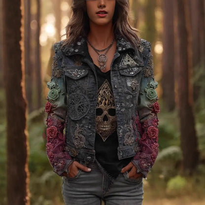 Autumn Retro Washed Long-Sleeve Denim Jacket by AdTec, embroidered patchwork with rose appliqués on sleeves