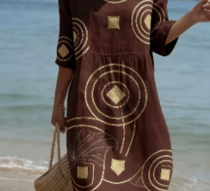Robe décontractée en coton et lin imprimée à col rond et manches mi-longues pour femmes