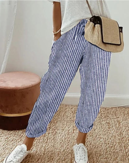 Pantalon décontracté d'été à rayures, ample, taille élastique pour femme