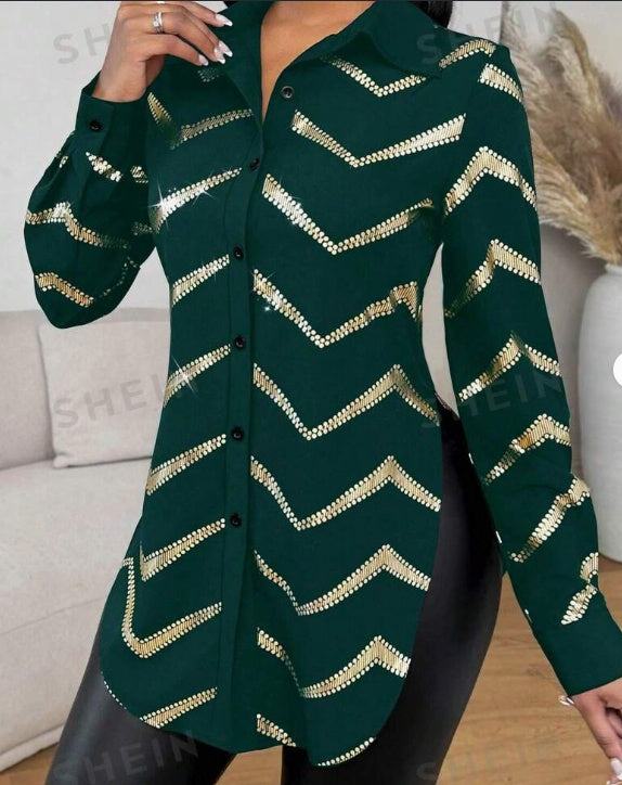 Chemise femme Lyxana à manches longues avec épaules coupées, imprimé feuille d'aluminium aléatoire, taille cintrée et patte de boutonnage ouverte