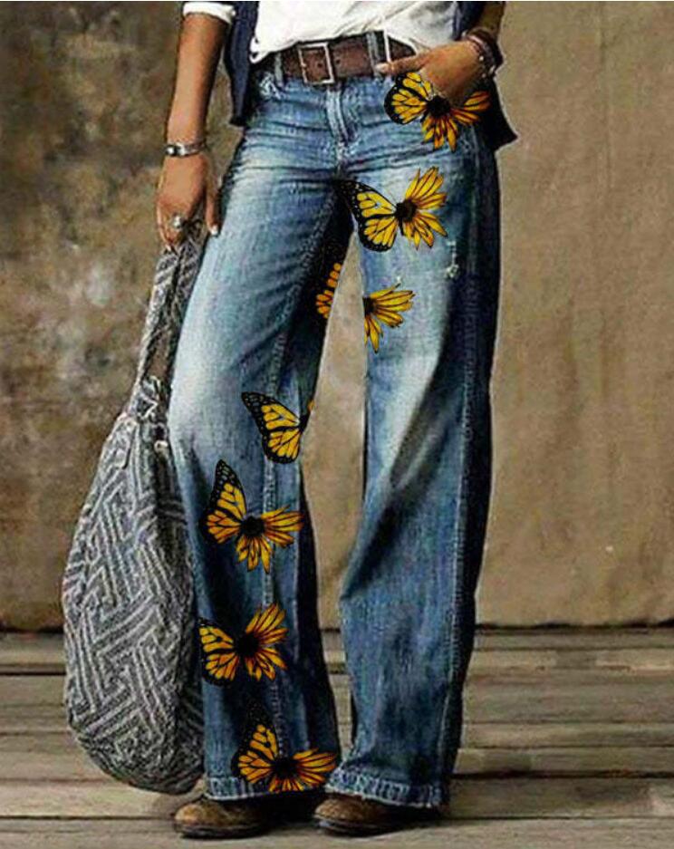 Pantalones de mujer de talla grande con estampado floral artístico