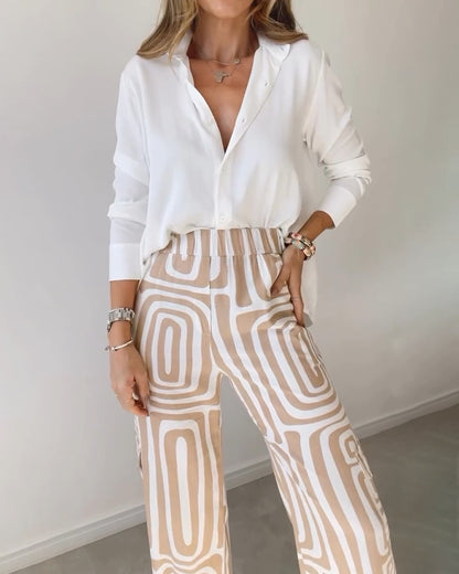 Ensemble Femme Chemise Décontractée à Revers et Manches Longues Imprimée et Pantalon Large