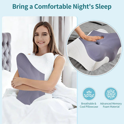 2-pack memory foam cooling pillows with lavender-gray and white covers for neck support when side sleeping