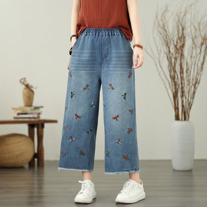 Jean ample en denim brodé papillon pour femme
