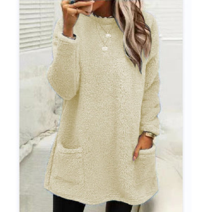 Sweat-shirt pull polaire long pour femmes avec poches Hiver chaud Épaissir Sweatershirt Décontracté Manches longues Peluche Hauts Manteau à capuche Streetwear Tenues amples d'automne Hauts à capuche