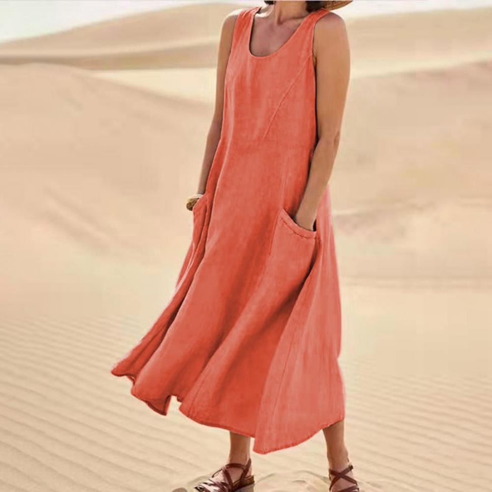 Vestido Largo de Verano sin Mangas con Bolsillos, Vestidos Casuales Sueltos de Moda, Ropa de Mujer