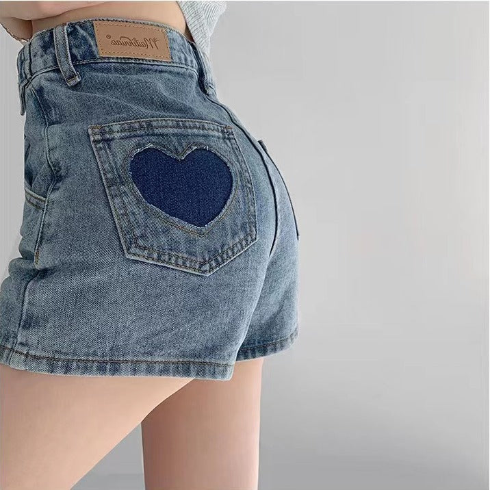 Short en jean trapèze pour femme, style rétro, avec motifs « love »
