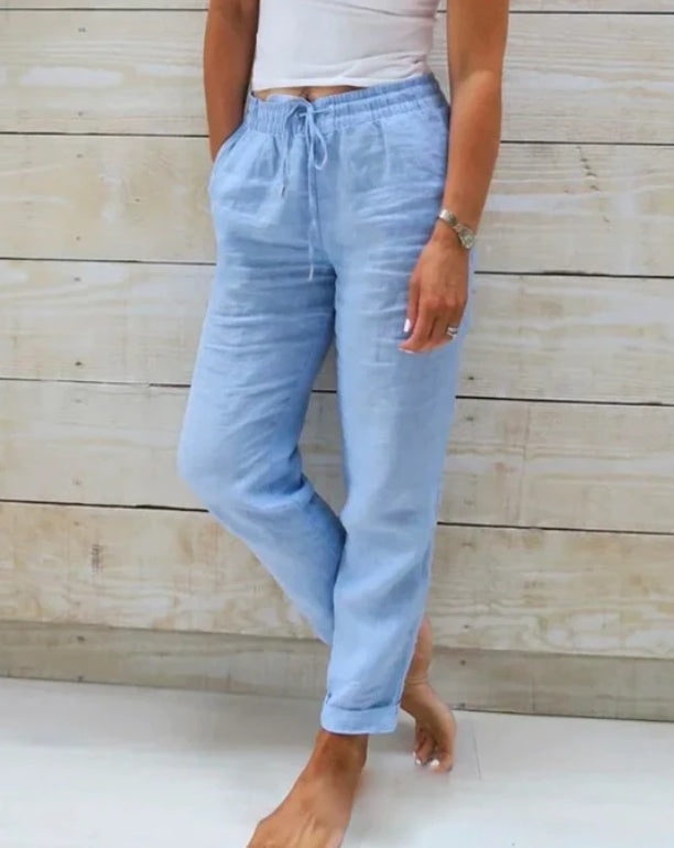 Pantalon élastique uni en coton et chanvre
