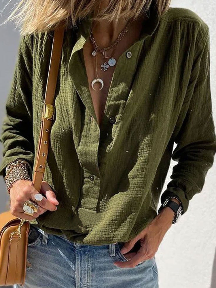 Chemisier pull à manches longues décontracté ample et élégant en coton et lin de couleur unie avec boutons style rétro