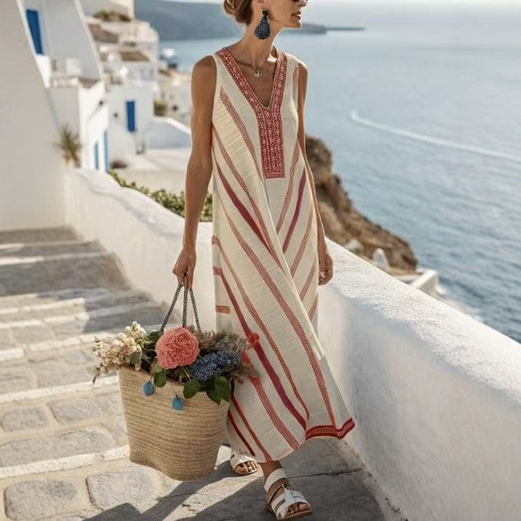 Robe sans manches rayée à encolure en V, imprimé style vacances
