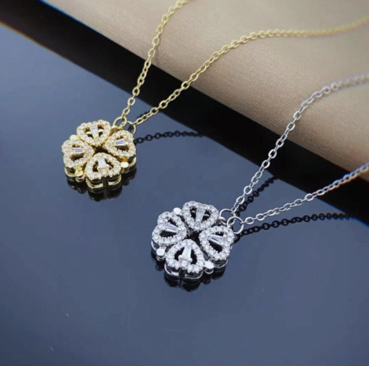 Collar con colgante de trébol de cuatro hojas plegable magnético retro con forma de corazón, cadena de clavícula para mujer, regalos, gargantilla abrible, joyería