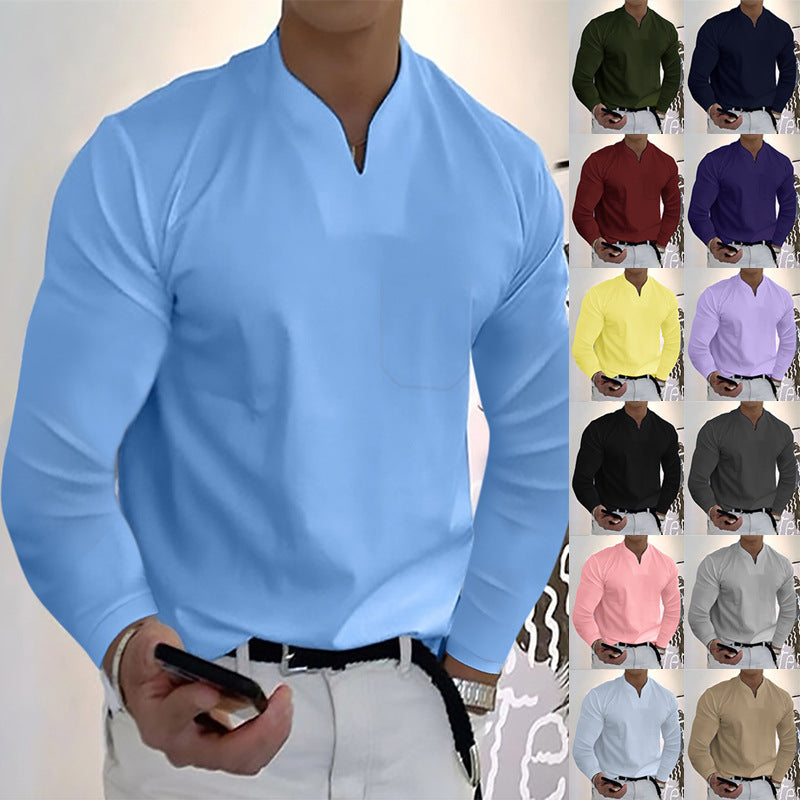 Chemises à manches longues col en V couleur unie décontractées pour hommes