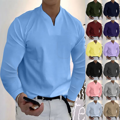 Chemises à manches longues col en V couleur unie décontractées pour hommes