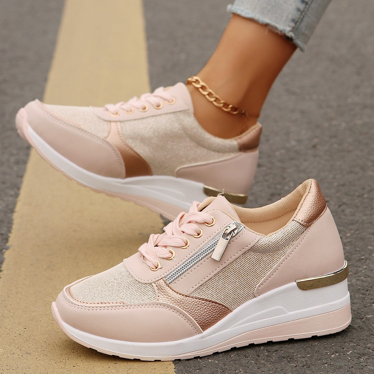 Chaussures décontractées à lacets pour femmes, à fermeture éclair latérale, semelle épaisse, pour la marche, la course et le sport
