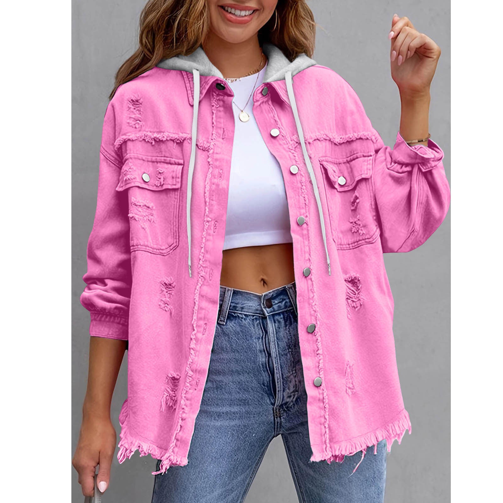 Chaqueta vaquera con capucha holgada de color liso para mujer
