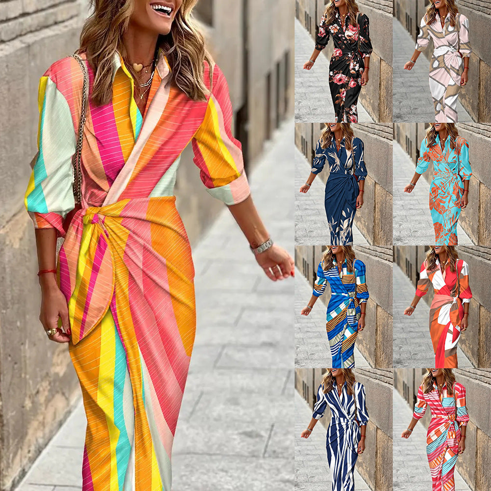 Vestido camisero estampado de moda con cinturón, ajuste delgado, manga tres cuartos, vestido con solapa para ropa de mujer
