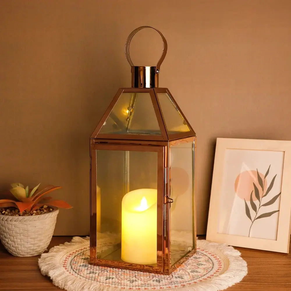 16 inch High Decorative Lantern with copper-gold finish and glass panels