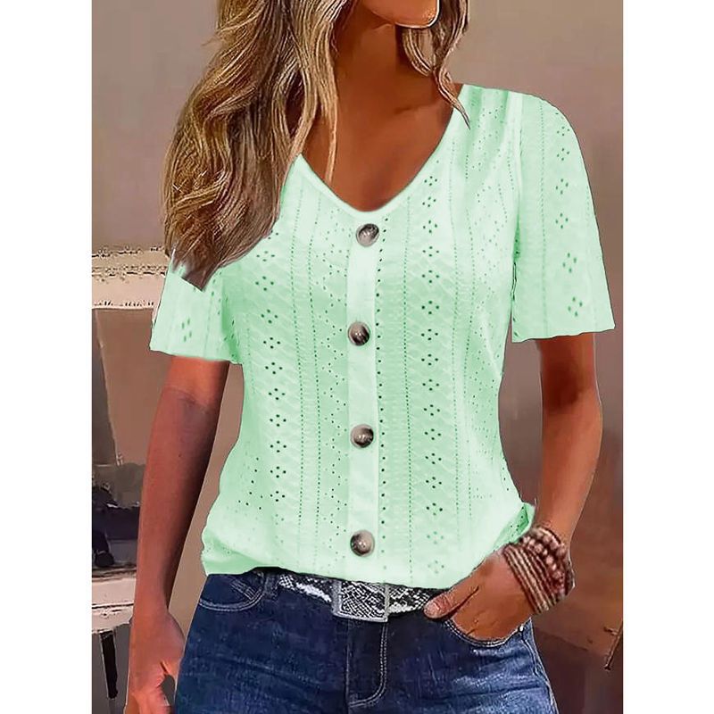Camiseta de jacquard de color liso con cuello de pico y botones de manga corta