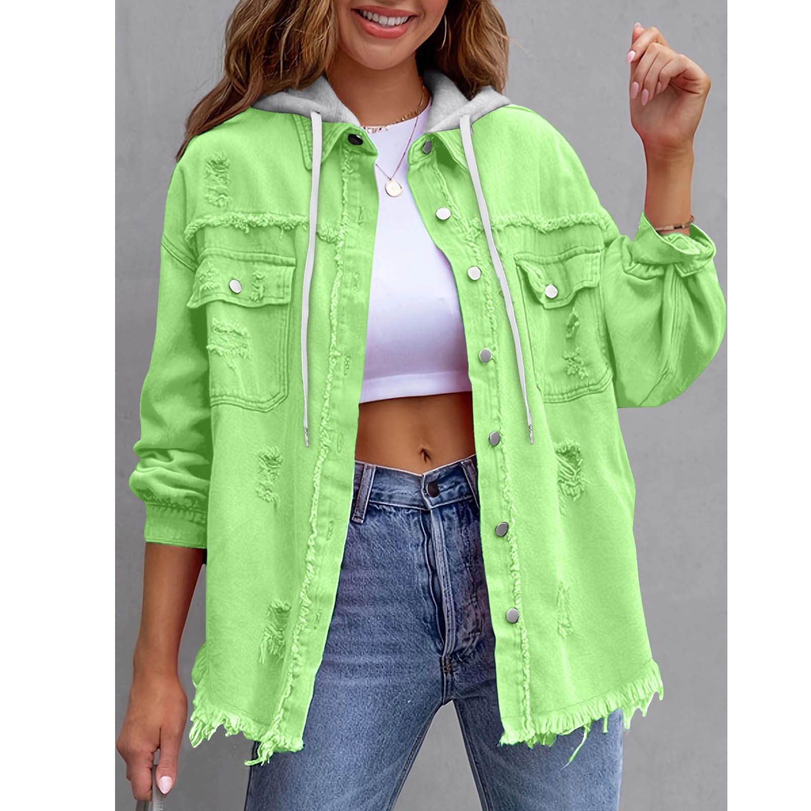Chaqueta vaquera con capucha holgada de color liso para mujer