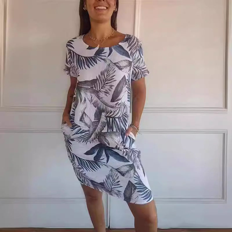 Robe droite à imprimé floral et feuilles, manches courtes et col rond, vêtements d'été amples pour femmes