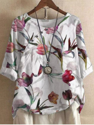 Camisa holgada estampada de moda de algodón y lino para mujer