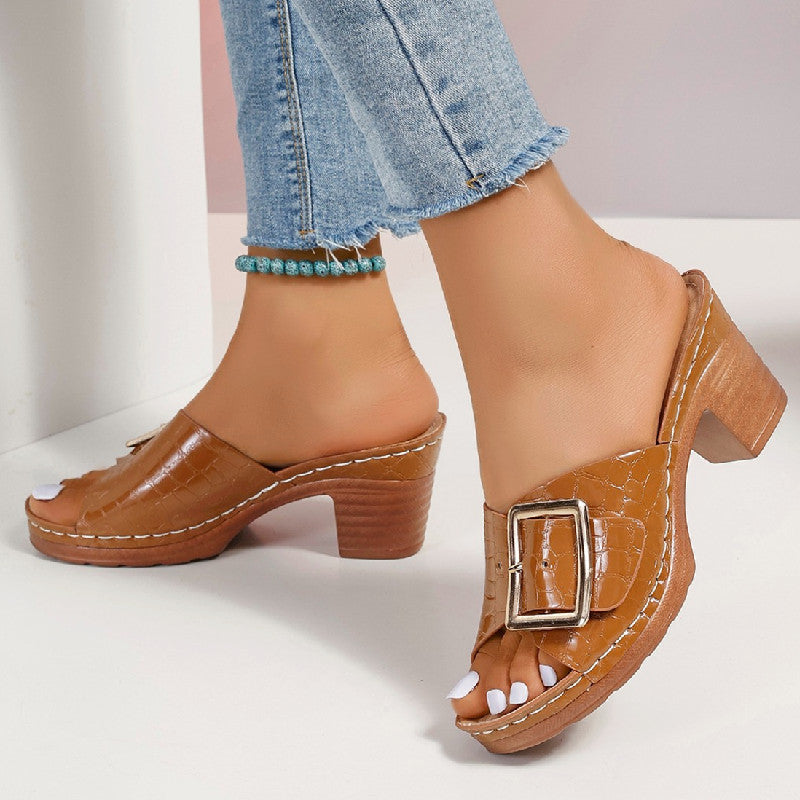 Chaussures Femme Sandales à Boucle Talon Carré Bout Ouvert, Aspect Crocodile