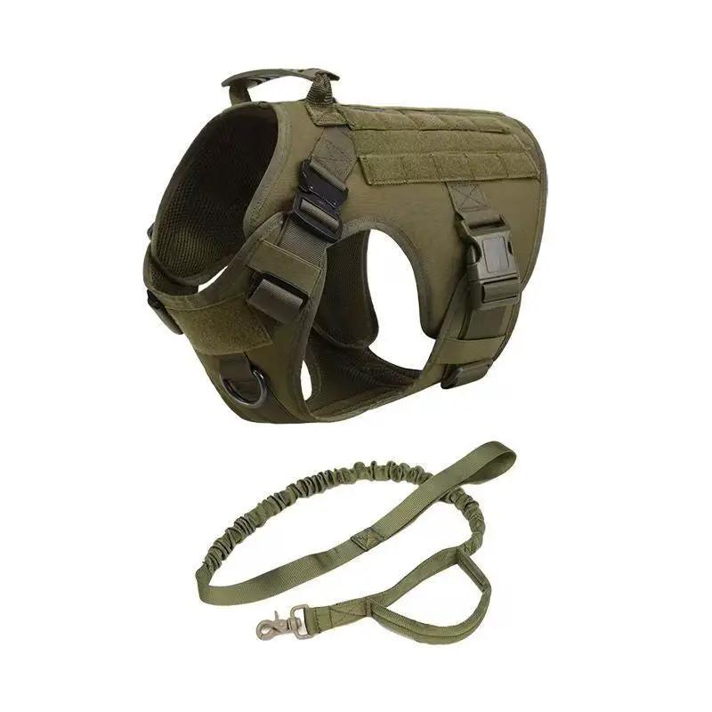 AdTec military tactical dog harness for German Shepherd, adjustable olive green with straps; two-piece set with leash.