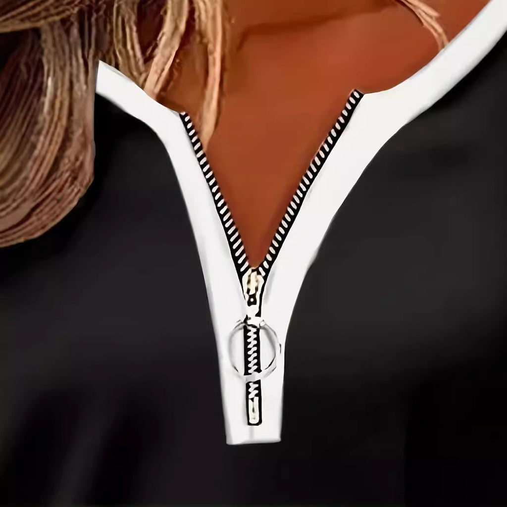T-shirt à manches longues zippé ample pour femmes, à col en V, avec rayures contrastantes
