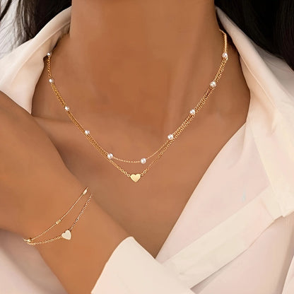 Ensemble de bijoux collier bracelet double couche perles rondes empilées amour perle