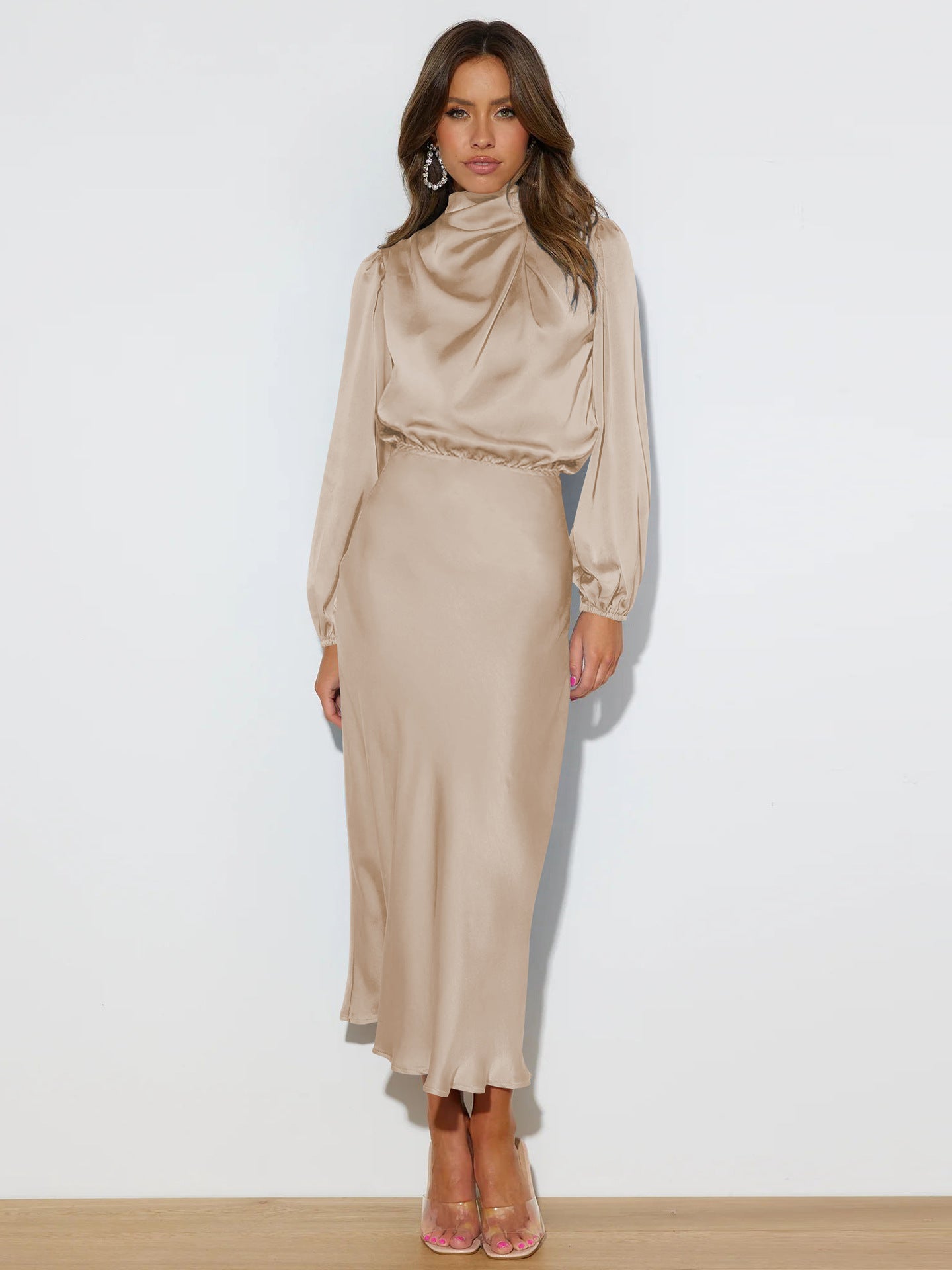 Vestido elegante de temperamento de manga larga, satén, cuello halter, vestidos de noche formales, ropa de mujer