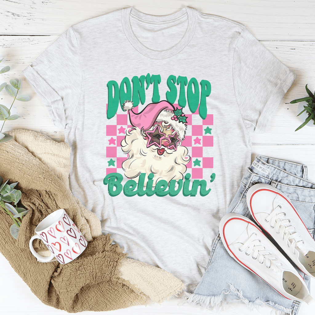 Don't Stop Believin Pink Santa Tee-3