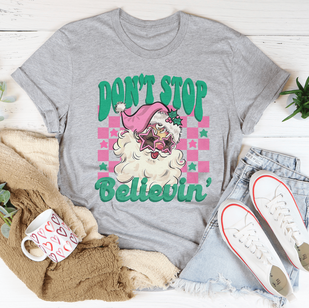 Don't Stop Believin Pink Santa Tee-2