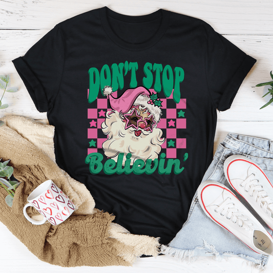 Don't Stop Believin Pink Santa Tee-0