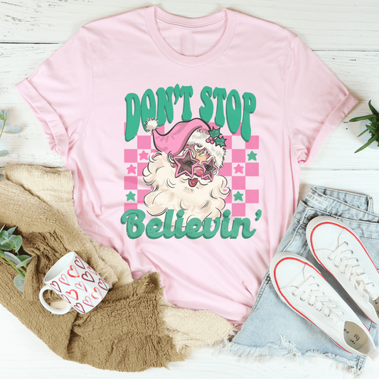Don't Stop Believin Pink Santa Tee-1