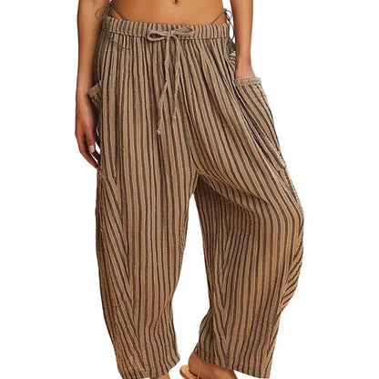 Striped Straight-leg Pants Elastic Waist Cropped Pleated Pants