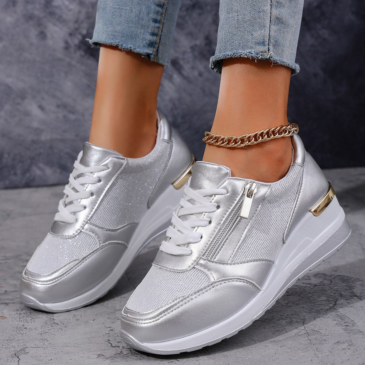 Chaussures décontractées à lacets pour femmes, à fermeture éclair latérale, semelle épaisse, pour la marche, la course et le sport