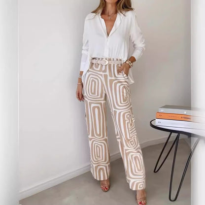 Ensemble Femme Chemise Décontractée à Revers et Manches Longues Imprimée et Pantalon Large